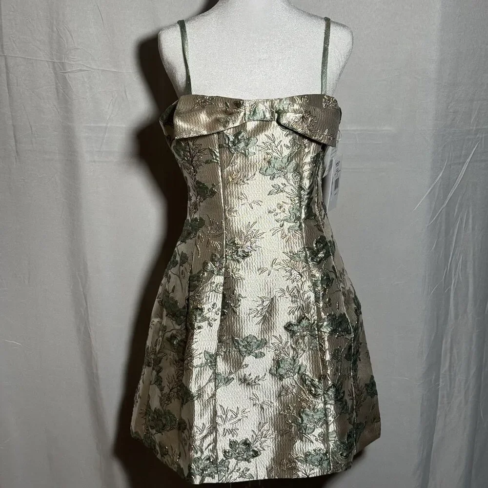 NWT Violet Weekend Floral Jacquard Mini Dress Gold Green Fit Flare Size 7/8